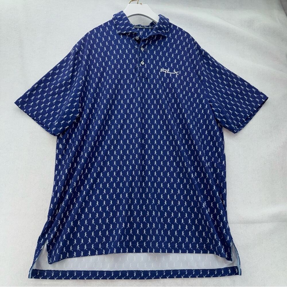 EUC RLX Ralph Lauren Classic Fit Performance Polo Shirt Blue Lizard Gecko Large